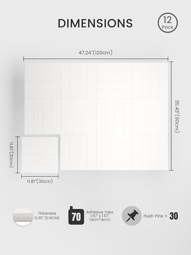 Bumusty Large Cork Board Alternative-47 x35 Felt Bulletin Board Tiles, with 30 Pushpins, 70 Adhesive Tabs, 12-Pack Slat Wall Paneling, Cork Boards for Office Push Pin Board Felt Board-Milky White