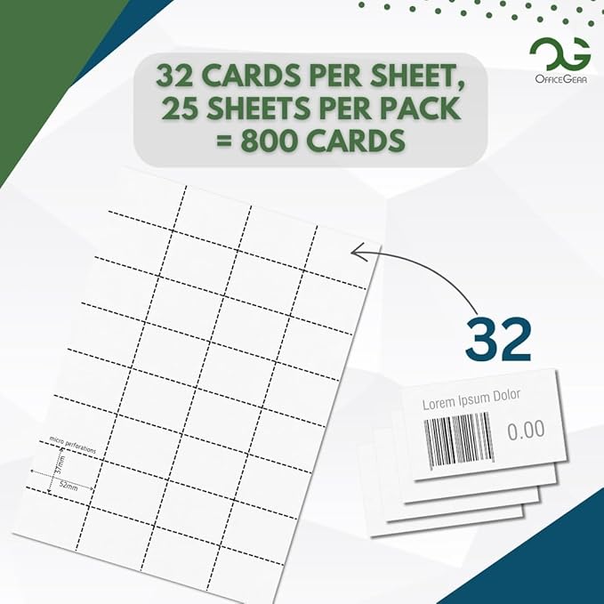 OfficeGear Shelf Edge Barcode Price Ticket Labels 32-up [25 Sheets - 800 Pack] 37x52mm Custom Printable A4 120gsm Card Micro-Perforated Non-Adhesive Merchandise Tag Includes Design Template