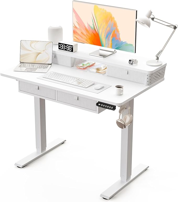 Kingant 40 x 24 Inch Electric Standing Desk with 4 Drawers, Height Adjustable Sit to Stand Computer Desk with Storage Shelf and C-Clamp Mount Compatibility for Home Office, White