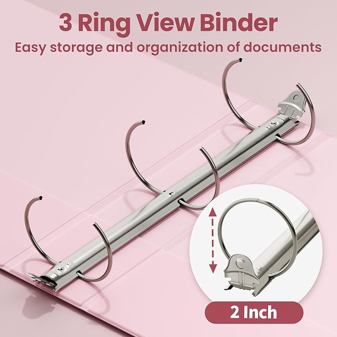 SUNEE 3 Ring Binder 2 Inch 1 Pack, Clear View Three Ring PVC-Free (Fit 8.5x11 Inches) for School or Office Supplies, Pink