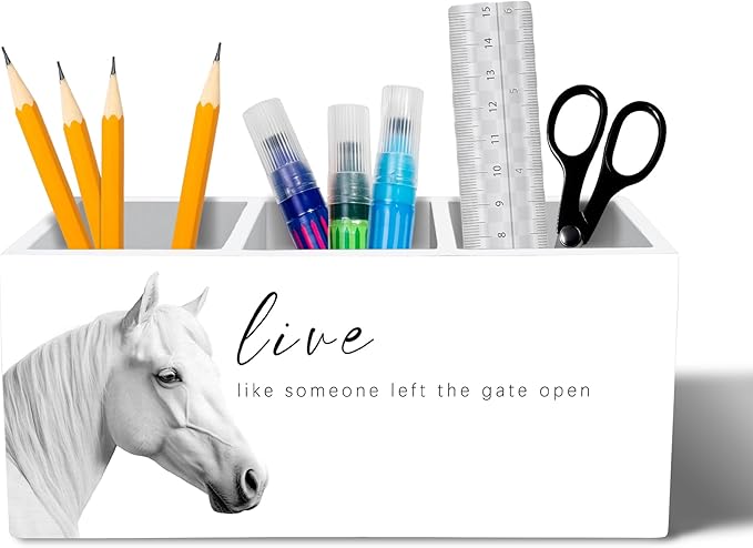 YQDEJ Inspirational Horse Pen Holder for Desk Accessories, Live Like Someone Left the Gate Open Motivational Wooden Box Sign Desk Pencil Holder Organizer for Home Office Decoration, Horse Lover Gifts