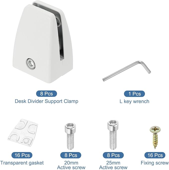PATIKIL 1.7x1.3x2.4" Desk Divider Support Clamp, 8 Pcs Aluminum Desk Shield Clamp Desk Divider Partition Clamp Sneeze Guard Clamp Bracket for Office Home Desk Panel, White