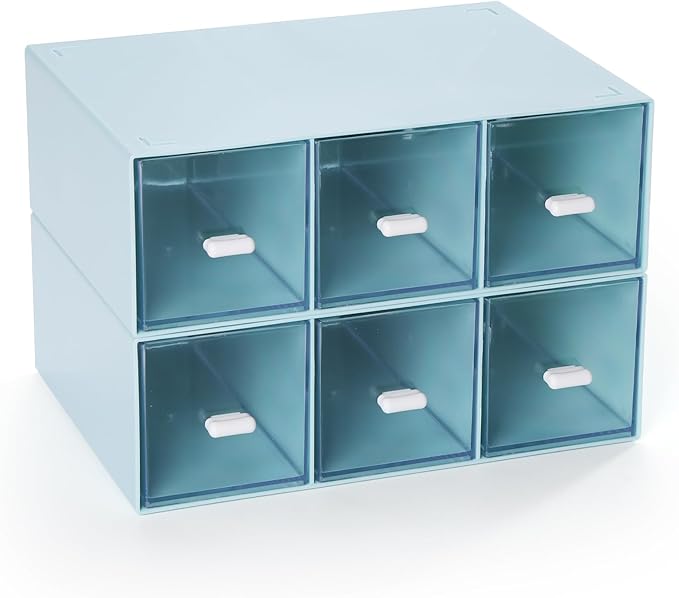 OSteed Desktop Drawers, Desk Organizer with 6 Drawers, Stackable Plastic Storage Box for Home Collection, Cosmetics, Jewelry, Office Supplies (2 Tall Layers, Blue)