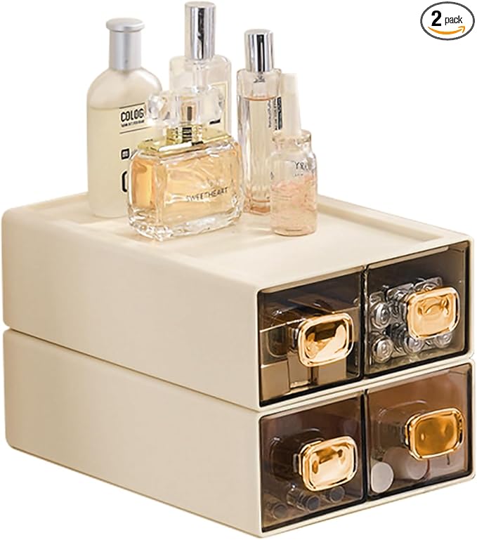 DETEIN 2PACK Stackable Desktop Storage Organizer Plastic Desk Organizer with Drawer Stacking Drawer for Home, Makeup, Vanity, Garage,Office, and Small Organization(M - 2 Drawer, Cream White)