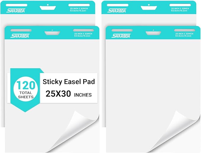 SHARBDA Sticky Easel Pad, 25 * 30 inch,Self-Stick Flip Chart Paper, Super Adhesive & Bleed-Resistant,Micro-Perforated Tear,Classroom Teacher Office Presentation Pads,4 Pads/Pack,120 Sheets