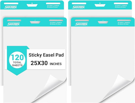 SHARBDA Sticky Easel Pad, 25 * 30 inch,Self-Stick Flip Chart Paper, Super Adhesive & Bleed-Resistant,Micro-Perforated Tear,Classroom Teacher Office Presentation Pads,4 Pads/Pack,120 Sheets