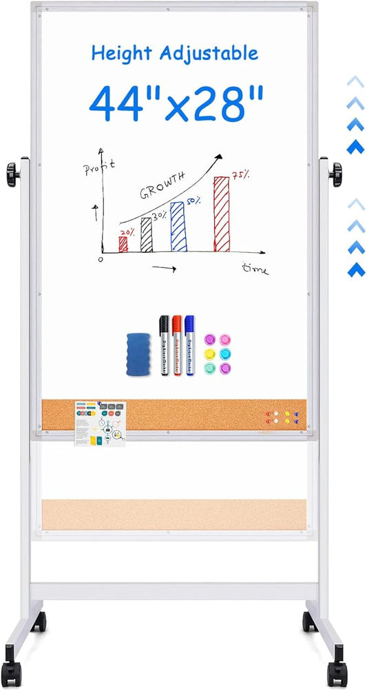 maxtek Rolling White Board, 44x28 Inches Magnetic Cork Board Combo, Portable Double-Sided Dry Erase Board on Wheels, Height Adjutable Easel Board for Home, School, Office