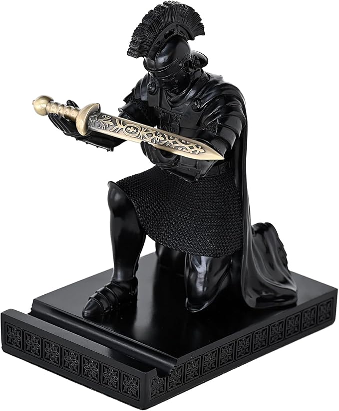 CYXStar Roman Praetorian Prefect Warrior Knight Pen Holder Desk Ornament Resin Praetorian Guard Mobile Phone Stand Desk Accessories and Organizer for Office with a Letter Opener (Black)