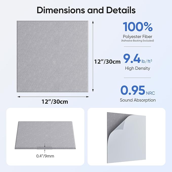 UNECHO 12 Pack 12" X 12" X 0.4" Acoustic Panels for Wall Sound Absorbing, Square Self-Adhesive Sound Panels, High Density Suitable for Multiple Scenarios(Ash Gray)