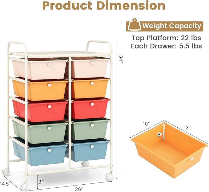 LDAILY 10 Drawer Rolling Cart, Storage Cart Organizer on Wheels, Drawer Cart with Metal Frame & Large Storage Capacity, Rolling Cart with Drawers for Living Room Classroom, Office