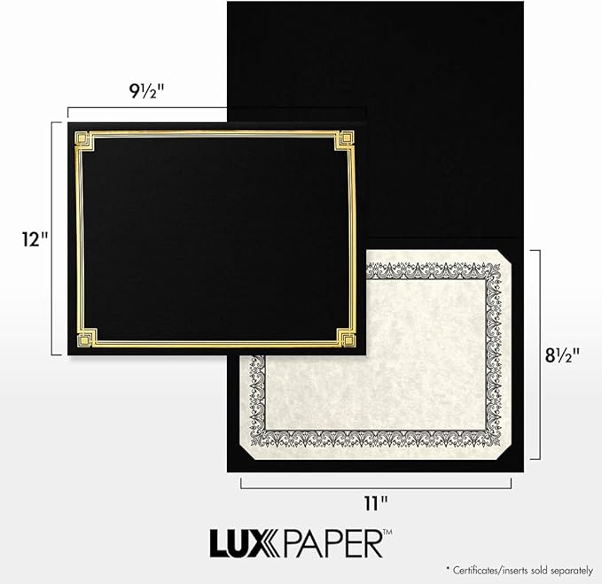 LUXPaper 9.5" x 12" Certificate Holders | Black Linen | Embossed Gold Foil Border | 100lb. Cover | 250 Qty