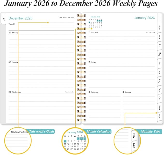 2026 Planner - Planner 2026 from January 2026 to December 2026, Weekly & Monthly Planners Spiral Bound with 12 Monthly Tabs, Inner Pocket, 6.4" x 8.5", Rose