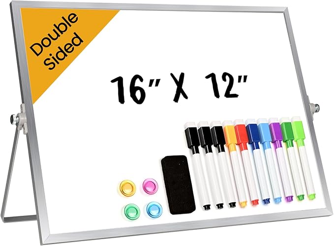 Lumspax Desktop Whiteboard with Stand, 16" x 12" Double-Sided Dry Erase Board with Stand, Portable Stand White Board for Office, Home, School