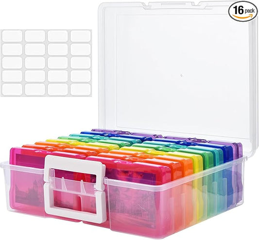 Haundry Photo Storage Box with 16 Inner 4" x 6" Photo Case, Portable Storage Organizer with Handle Craft Keeper for Picture, Stickers, Stamps, Screws, Hair Clips, Colored