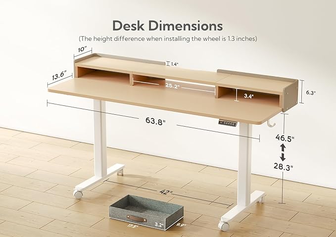 Claiks Standing Desk with Drawers, Adjustable Stand Up Electric Standing Desk Adjustable Height with Storage Shelf and Splice Board, 63 Inch, Natural