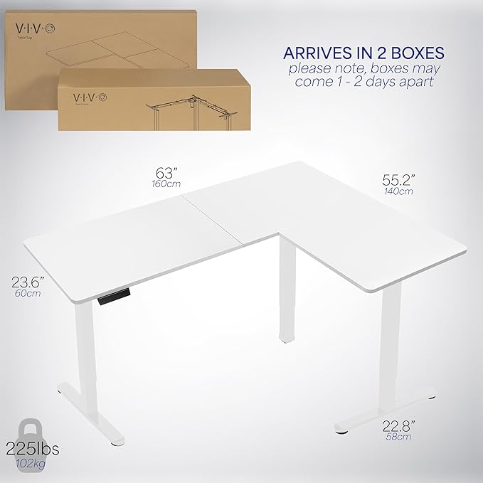 VIVO Electric Corner 63 x 55 inch L-Shaped Standing Desk, Memory Height Adjustment, White Top White Frame, DESK-E3CTW