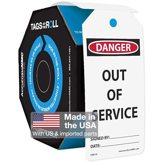 AccuformNMC 100 Safety Tags by-The-Roll, Danger Out of Service, US Made OSHA Compliant Tags, Waterproof PF-Cardstock, Resists Tears, 6.25"x3", TAR118