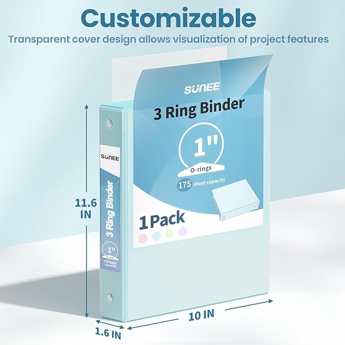 SUNEE 3 Ring Binder 1 Inch 1 Pack, Clear View Binder Three Ring PVC-Free (Fit 8.5x11 Inches) for School or Office Supplies, Pastel Blue