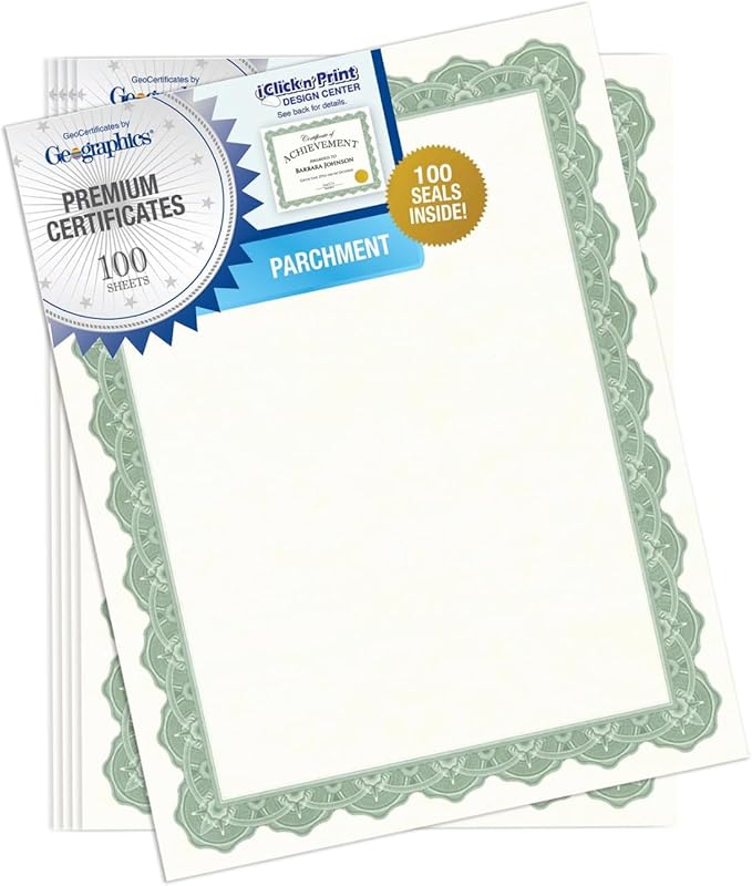 Geographics Recycled Blank Parchment Certificate Paper, 8.5 x 11, Optima Green with Gold Foil, Pack of 100 - Certificate Paper for Printing - Ideal for Printers
