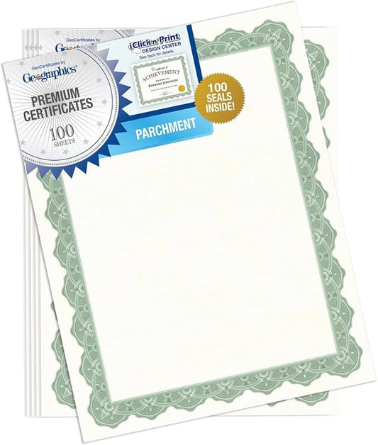 Geographics Recycled Blank Parchment Certificate Paper, 8.5 x 11, Optima Green with Gold Foil, Pack of 100 - Certificate Paper for Printing - Ideal for Printers