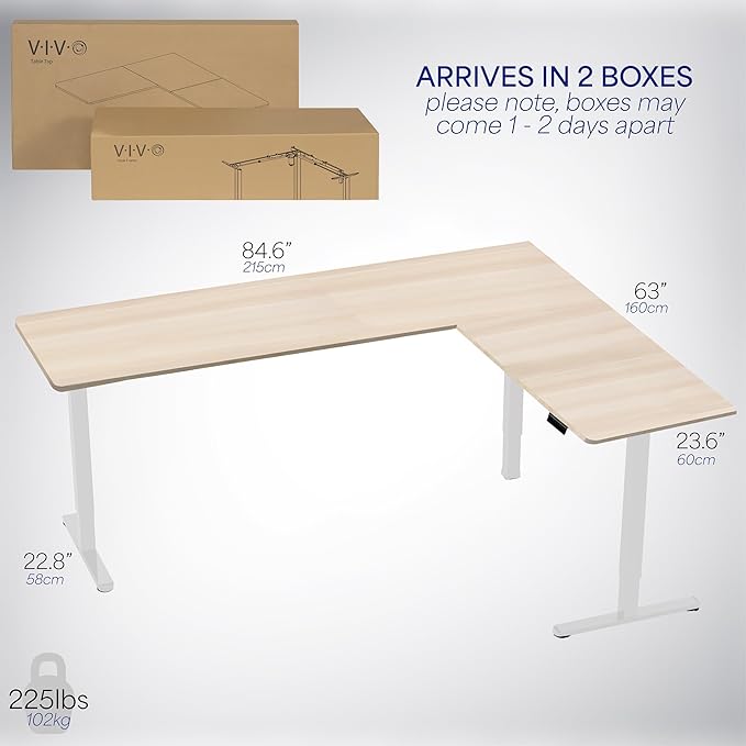 VIVO Electric Corner 84 x 63 inch L-Shaped Standing Desk, Memory Height Adjustment, Light Wood Top White Frame, DESK-E3CTWC-84