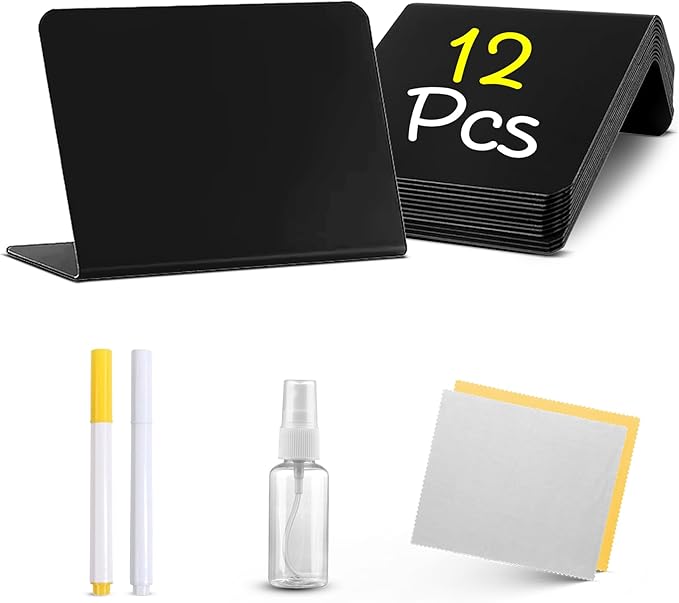 12 Pack Mini Chalkboard Signs for Food, 4”x3” Small Reusable Chalk Board Signs w/Spray Bottle, Food Labels for Party Buffet, Table Signs for Wedding, Name Tags, Bakery