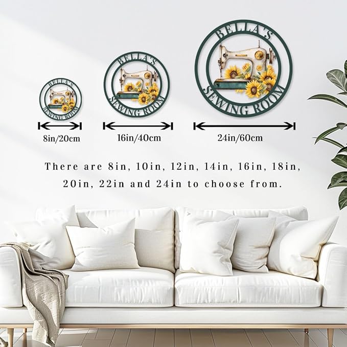 Custom Sewing Room Wall Decor Sign, Personalized Sunflower Sewing Machine Craft Room Sign Unique Home Decor Quilting Metal Wall Art, Customized Last Name Sign for Mom Grandma Nana Gift