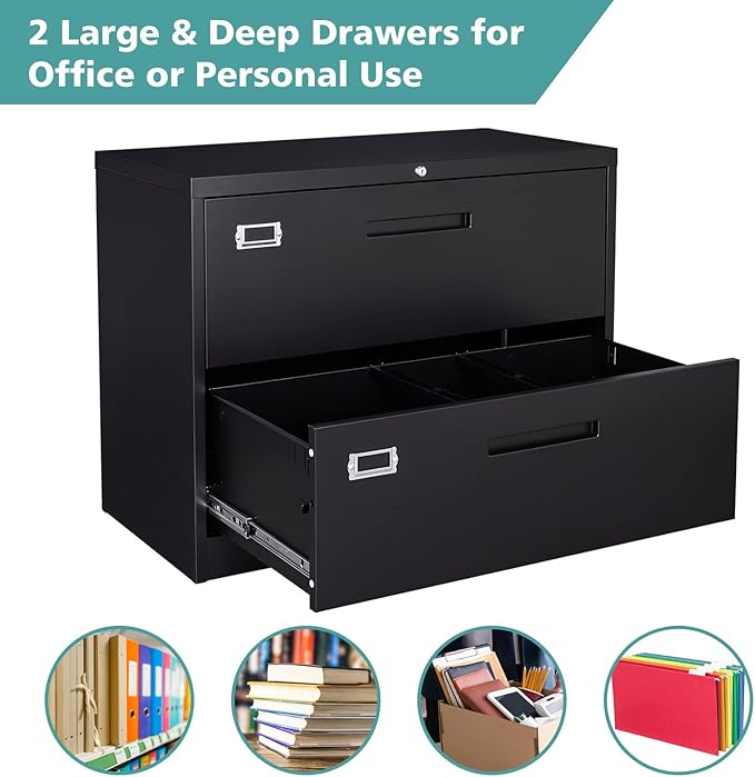 MIIIKO Lateral File Cabinet 2 Drawer, Black Metal File Cabinet with Lock, 35.4" Wide Drawers Storage File Cabinet for Hanging Files Folders Letter/Legal/A4 Size