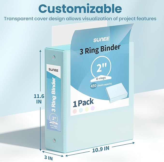 SUNEE 3 Ring Binder 2 Inch 1 Pack, Clear View Binder Three Ring PVC-Free (Fit 8.5x11 Inches) for School or Office Supplies, Pastel Blue