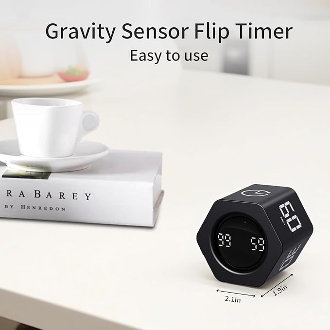 LUCKY TIME Productivity Timer Flip Gravity Sensor Pomodoro Cube Timer Countdown & Countup,1/5/10/30/60min Preset & Custom Timing, Mute/Vibrate/Sound for ADHD,Work,Study,Kitchen(1, Black Hexagon)