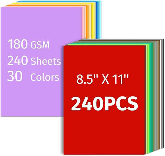 INFOOD 240 Sheets 8.5" X 11" Colored Cardstock Bulk, 30 Assorted Colors Construction Paper Card Stock Paper for Printing, Card Making, DIY Crafts, School & Office Supplies, Party Decorations, 180 GSM