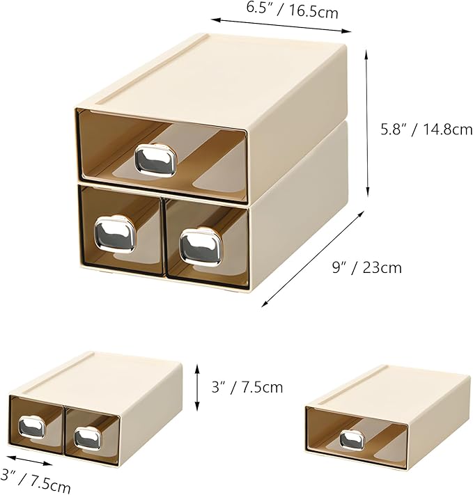 Spacious Desk Drawers, Stackable Desktop Organizer, Plastic Storage Box for Office, School & Home Supplies (1 Middle & 2 Small Drawers, Cream)