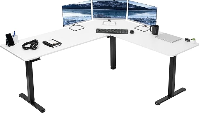 VIVO Electric Corner 75 x 63 inch L-Shaped Standing Desk, Memory Height Adjustment, White Top Black Frame, DESK-E3CTBW-75