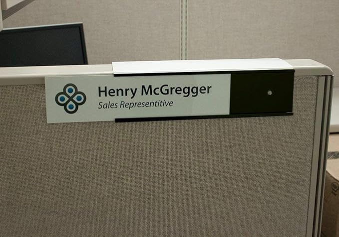 The Original Over the Cube - Quality Aluminum, Changeable Cubicle Nameplate Holder, Satin Silver Base, and Matte Black Name Plate Holder, (2.75" cubicle wall depth) - Made in the USA