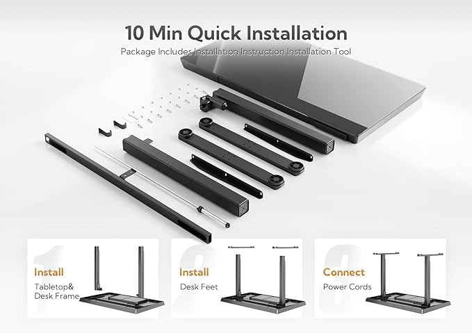 Claiks Glass Standing Desk with Drawers, 55 Inch Adjustable Stand Up Desk, Quick Install Home Office Computer Desk with USB Ports, Black