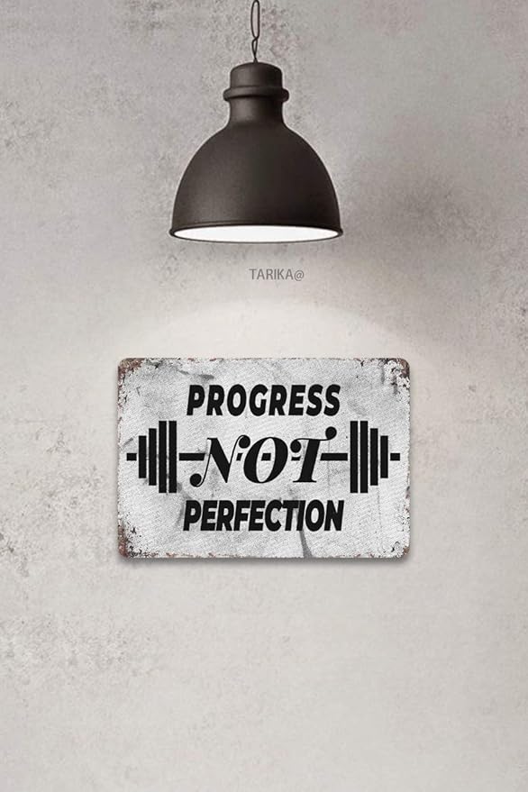 Tarika Progress Not Perfection 20X30 cm Iron Retro Look Decoration Poster Sign for Home Gym Inspirational Quotes Wall Decor