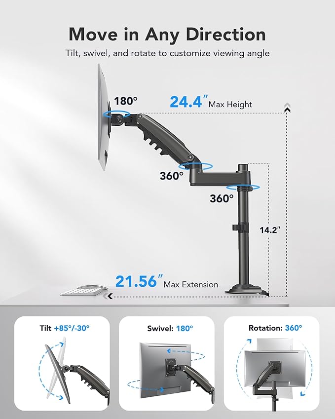 HUANUO Single Monitor Arm for 13-32 inch Screens,Holds 19.8lb,Adjustable Monitor Stand with Clamp and Grommet Base,Vesa 75x75mm/100x100mm Compatibility (Black)