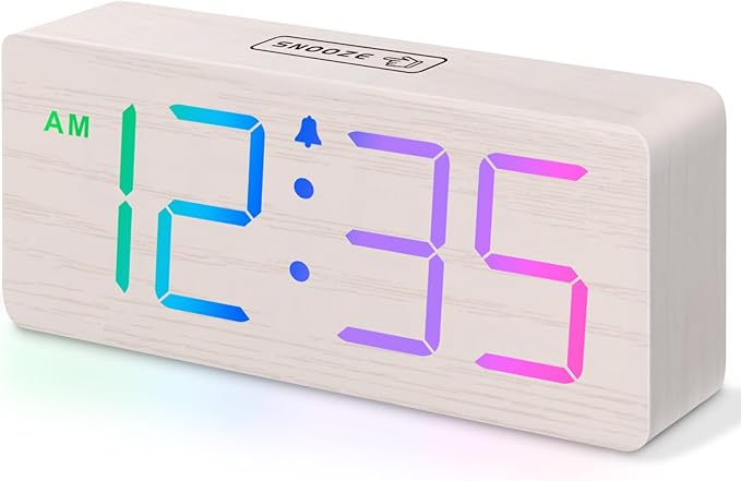 DreamSky Wooden Digital Clock for Bedroom Desk - RGB Loud Alarm Clock for Heavy Sleepers with Volume Control, Large Numbers with Dimmer for Living Room Office, Wood Decor (Plug in Clock)