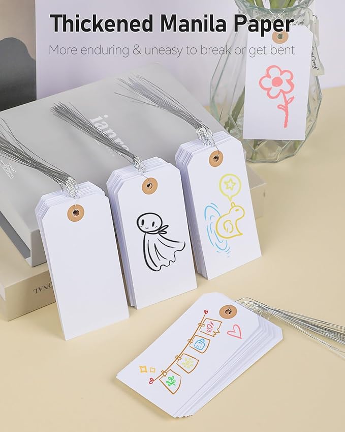 Uniclife 100 Pcs Manila Tags White Blank Shipping Tags with Wire Attached 4.7 Inch Paper Hang Tag with Reinforced Eyelet Large Marking Writable Price Label Tag, 4.7" x 2 3/8"
