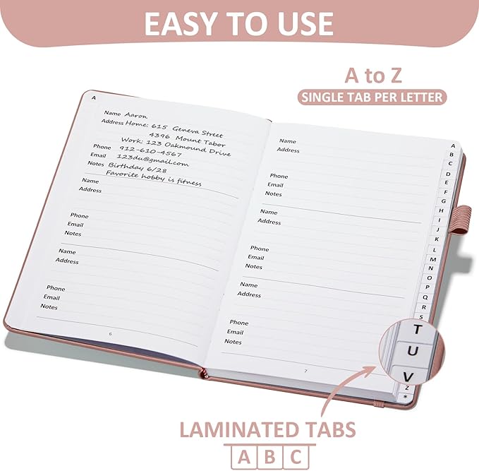 Comkiso Address Book with Individual Alphabetical Tabs Laminated, Large Print Address Book with 468 Wide Lining Entry Spaces, Change of Address Labels, Hardcover Address Book 5.7 x 8.5" - Rose Gold