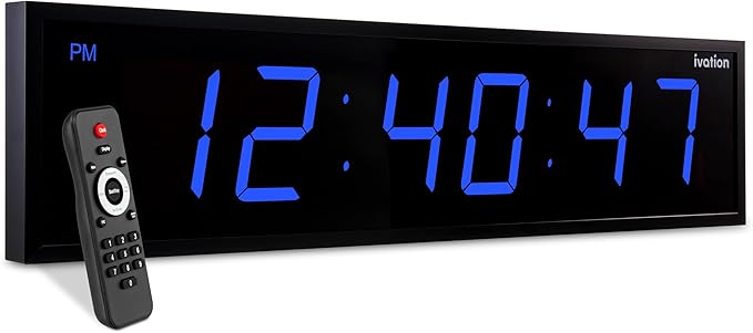 Ivation Huge Oversized 48" Large Digital LED Clock | Big Digital Clock w/Multi-Function Display – Stopwatch, Timer, Alarms, Temp & Date | 6 Brightness Levels, Time Memory & Remote (Blue)