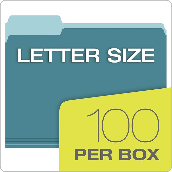 Pendaflex Two Tone Color File Folders, Letter Size, Assorted Colors (Teal, Violet, Gray, Navy and Burgundy), 1/3-Cut Tabs, 5 Color, 100/Box, (02315)