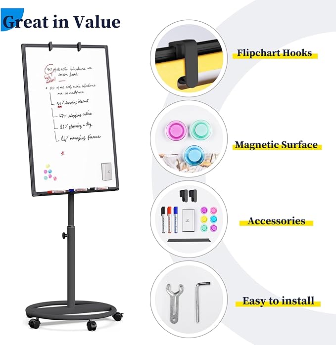 Mobile Whiteboard – 36 x 24 inches Portable Magnetic Dry Erase Board, 3' x 2' Stand Easel White Board Dry Erase Easel Standing Board w/Flipchart Hooks (Black)