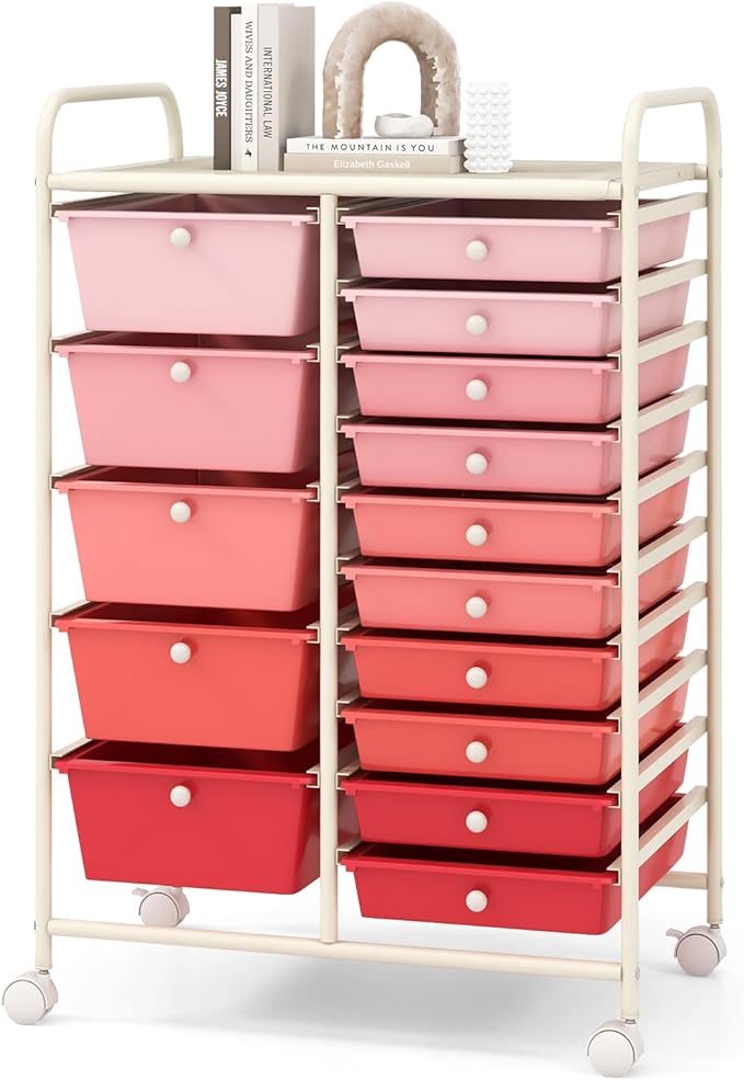 COSTWAY 15 Drawers Storage Cart, Multipurpose Rolling Utility Cart on Wheels w/Lockable Wheels & Removable Drawers, Mobile Tools Scrapbook Paper Organizer Cart for Office School Home, Mixed Pink