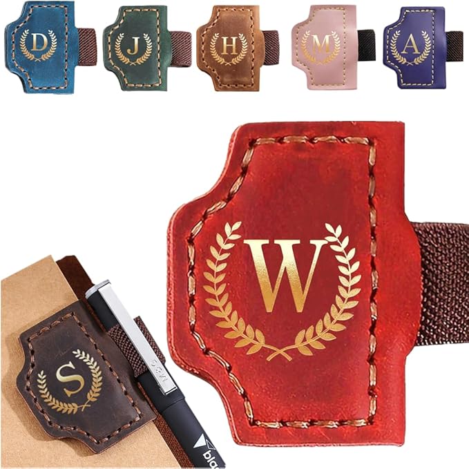 Personalized Mark Bookmark with Pen Holder, Leather Magnetic Book Marker 26 Letters,Custom Initials Page Marks, Gifts for Book Lovers Readers Men Women (Red, W)