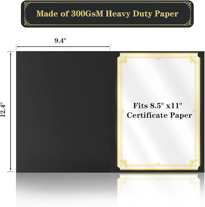 30 Pcs Certificate Holders 8.5 x 11 Additional 30 Pcs Plastic Film, Diploma Covers Gold Foil Border Certificate Holder for Letter Size 8.5x11 Cardstock,Certificates,Document Papers (Black, 30 Sets)