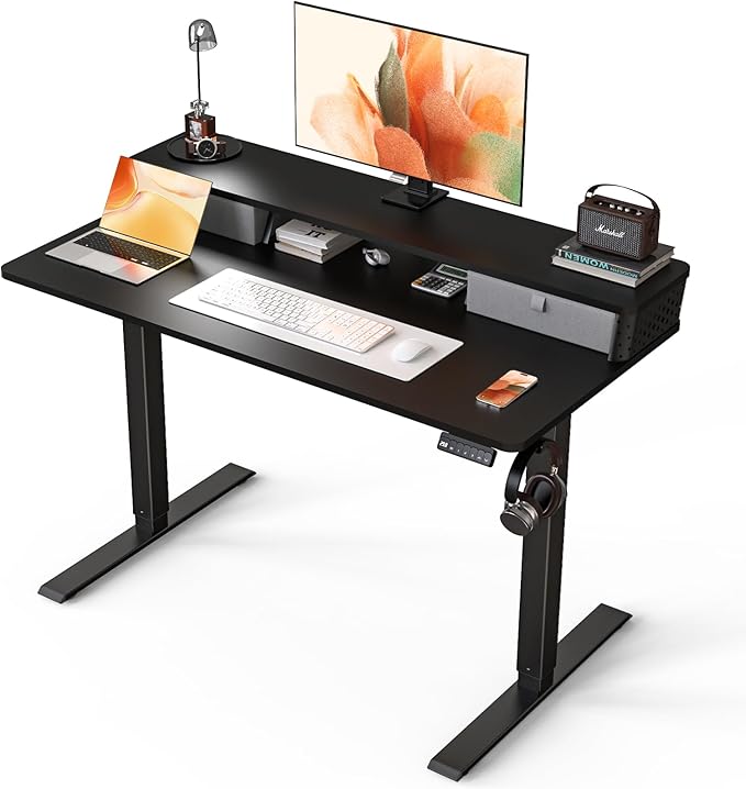 Kingant 48 x 24 Inch Electric Standing Desk with Dual Drawers, Height Adjustable Sit to Stand Computer Desk with Storage Shelf and C-Clamp Mount Compatibility for Home Office, Black