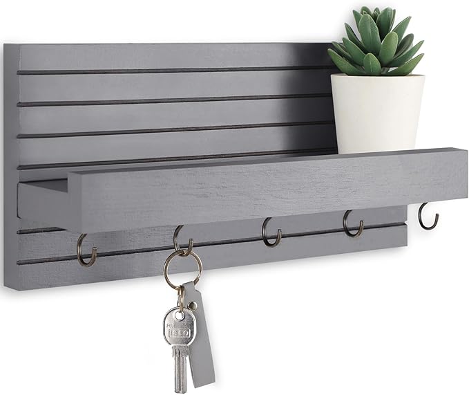 Lwenki Decorative Key Holder for Wall with Shelf, Entryway Shelf with Hooks Holds Leashes, Jackets and Glasses – Sturdy Wood Keyholder Entrance Hanger with Mounting Hardware (Gray, Medium)
