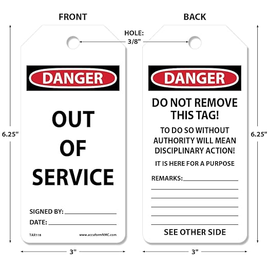 AccuformNMC 100 Safety Tags by-The-Roll, Danger Out of Service, US Made OSHA Compliant Tags, Waterproof PF-Cardstock, Resists Tears, 6.25"x3", TAR118