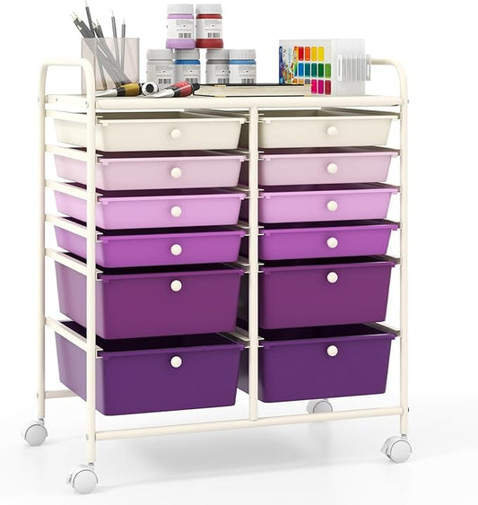 Giantex 12 Drawers Rolling Storage Cart, Classroom Organizers with Wheels for Tools Scrapbook Craft Paper Teacher Office School Supplies (Purple Gradient)